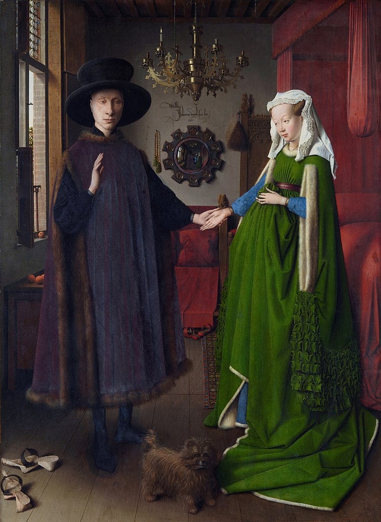 Retrato do casal Arnolfini, com um vestido de noiva verde.