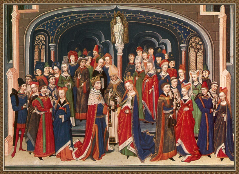 Casamento na época dos Tudors, com um vestido de noiva vermelho. 