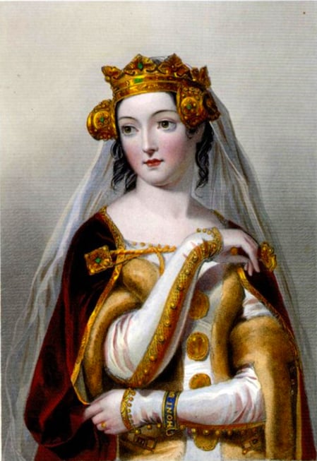Gravura de Eleanor of Aquitaine com um vestido de novia branco publicada em 1851. 