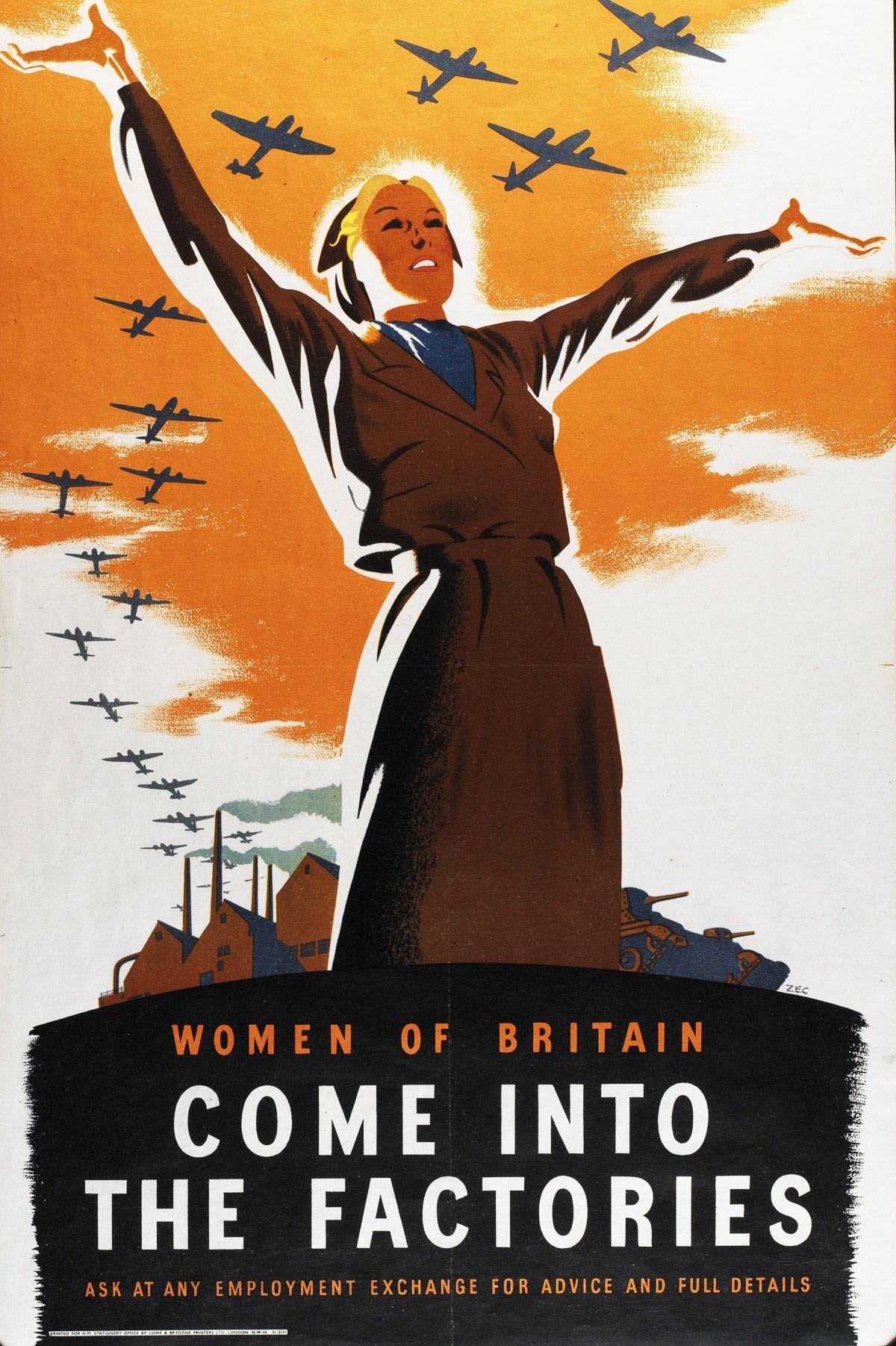 Poster de propaganda da Segunda Guerra Mundial, onde se lê "Mulheres da Bretanha venham, às fábricas". A Moda e Cidadania nos anos 40 e 50.