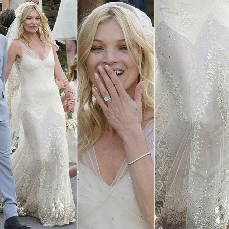 Em casamento, Kate Moss usa vestido de noiva de John Galliano
