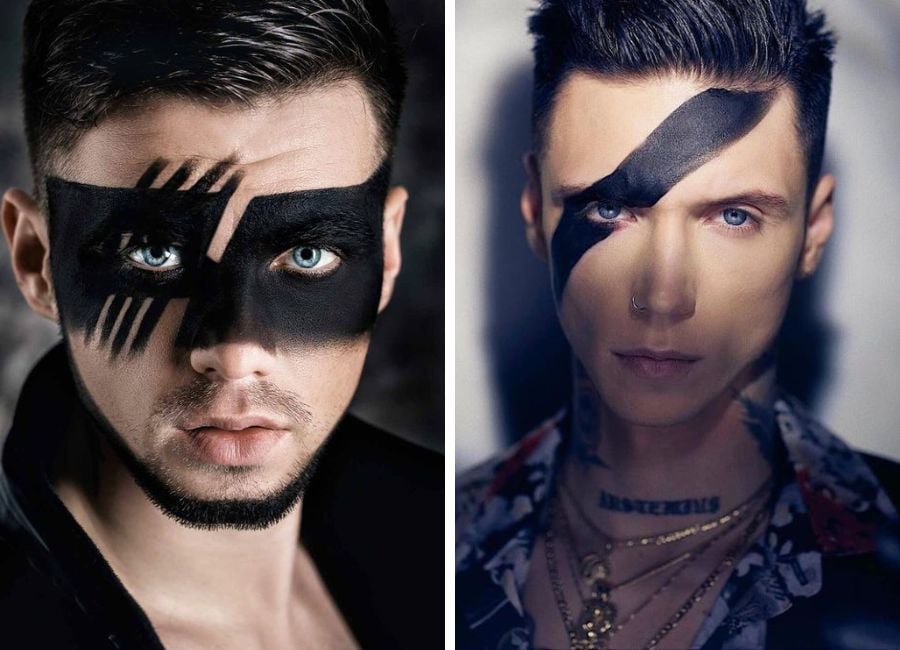 2 homens com maquiagem preta nos olhos para Dia das Bruxas