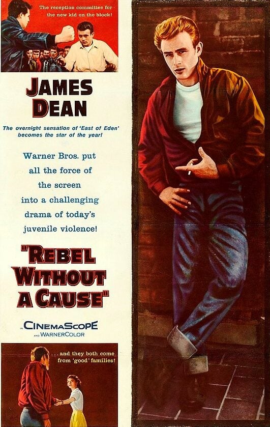 Pôster com James Dean vestido em Jeans para o filme "Rebel Without a Cause", em 1955.