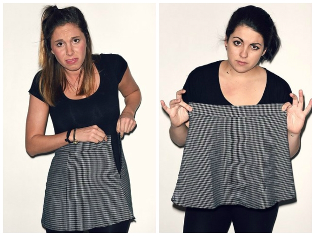 Mulheres testando saia de tamanho único - Roupas com único tamanho. Mulheres testando saia de tamanho único - Roupas com único tamanho.