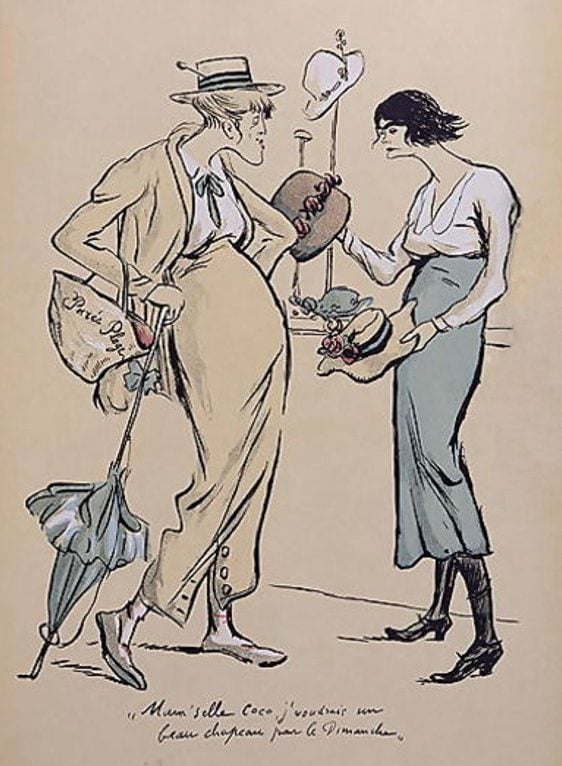 Caricatura de Coco Chanel com chapéus