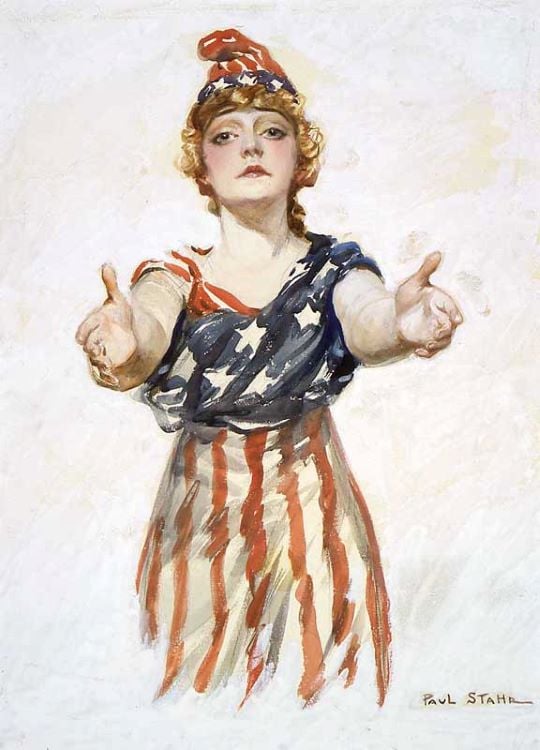 Mulher com um vestido e chapéu com a bandeira dos Estados Unidos