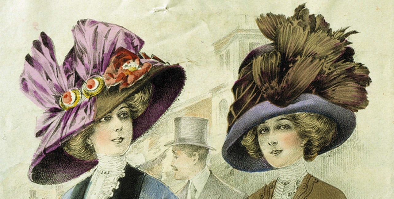 Ilustração em cores de duas mulheres e um homem usando chapéus do início do século XX