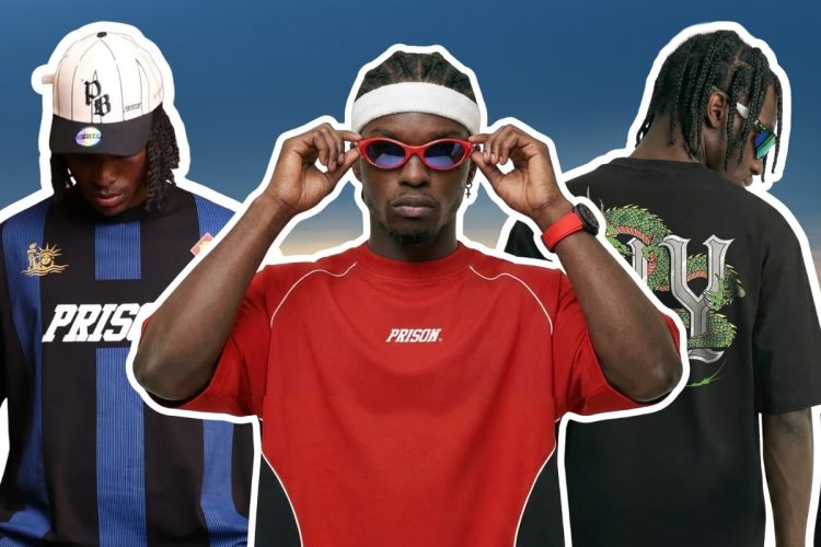Foto de 3 modelos usando camiseta com modelagem oversized em tons de preto e vermelho
