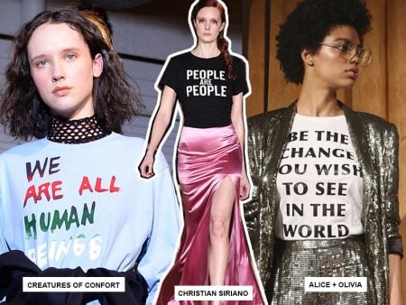 Camisetas statement, com frases de cunho político, são destaque nas Semanas de Moda