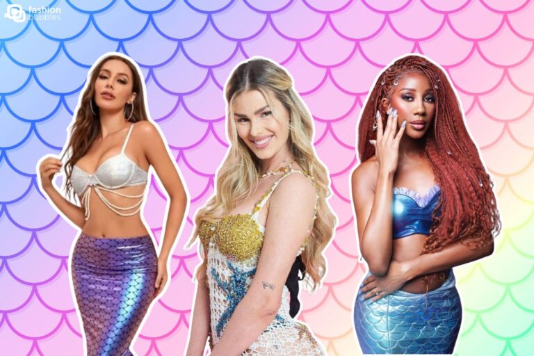 Montagem com 3 fotos de mulheres com estilo sereia: uma com top prata e saia estilo cauda, Yasmin Brunet com vestido bordado com conchas e estrela do mar e Camilla de Lucas com fantasia de Sereia