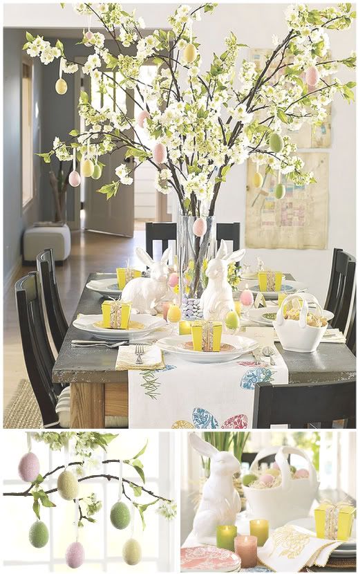 Mesa posta com coelhos e árvore com ovos coloridos.