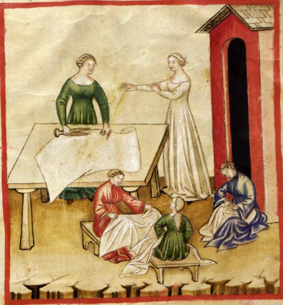 Ilustração medieval de mulheres manuseando tecidos