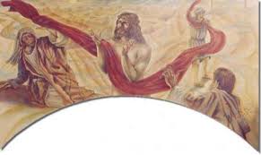 Pintura de Jesus segurando um enorme tecido que se estende as pessoas