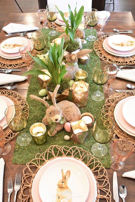  mesa de Páscoa com Gramado fake plantas e coelhos