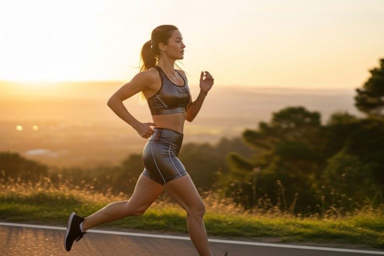 Mulher em um top e shorts de malha brilhante corre em uma estrada durante o pôr do sol. A luz dourada ilumina a paisagem e o corpo atlético dela, enquanto o cabelo preso dela balança no ar. A imagem é vibrante e inspiradora.