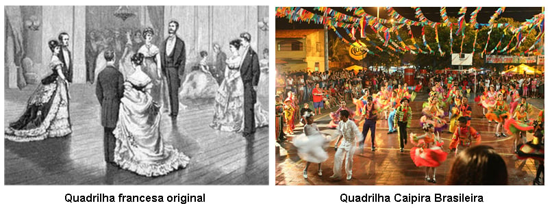 QUadrilha francesa original e quadrilha caipira brasileira, fotos com as diferenças