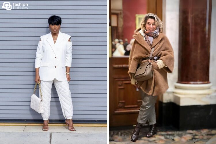 Montagem com duas fotos que aparecem na atéria: influenciadora madura negra usando look todo branco e Consuelo Blocker usando casaco bege e calça cinza