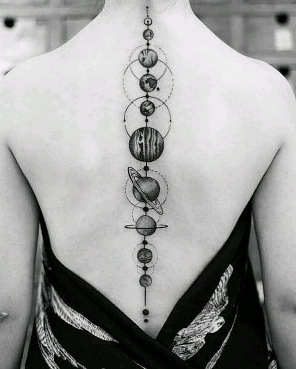 Tatuagem de planetas em preto e branco nas costas