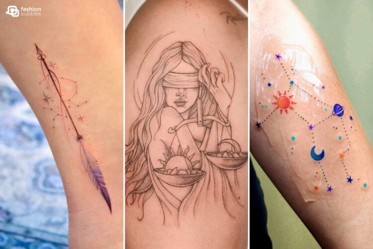 Montagem com 3 ideias de tatuagens de signo, constelações e desenhos