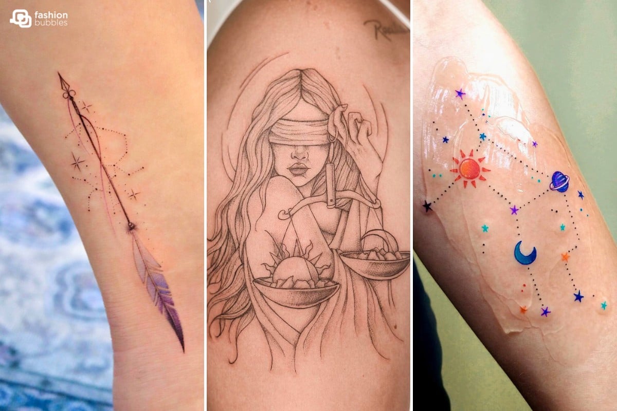 Montagem com 3 ideias de tatuagens de signo, constelações e desenhos