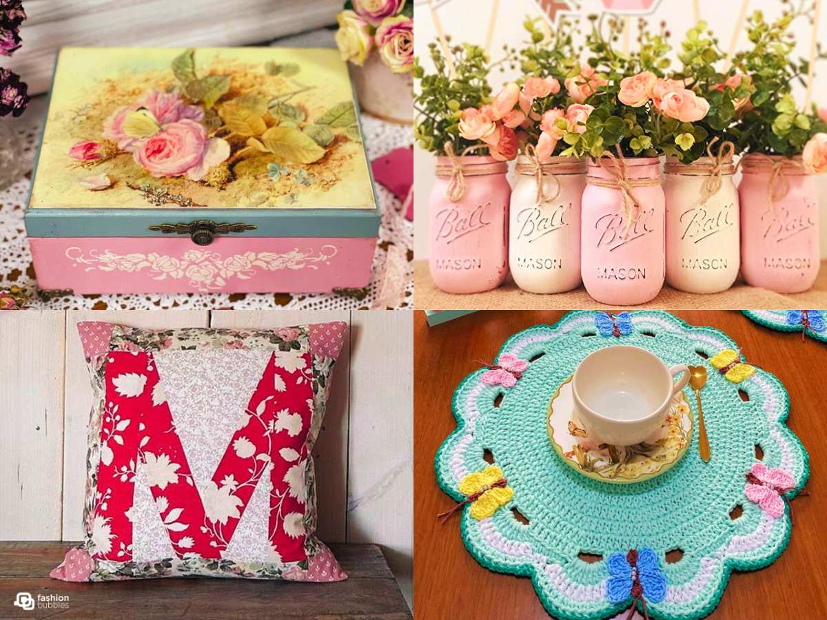 Montagem com 4 ideias de presentes para Dia das Mães: caixinha de joias, alofada, sousplat e potes de vidro decorados com flores.
