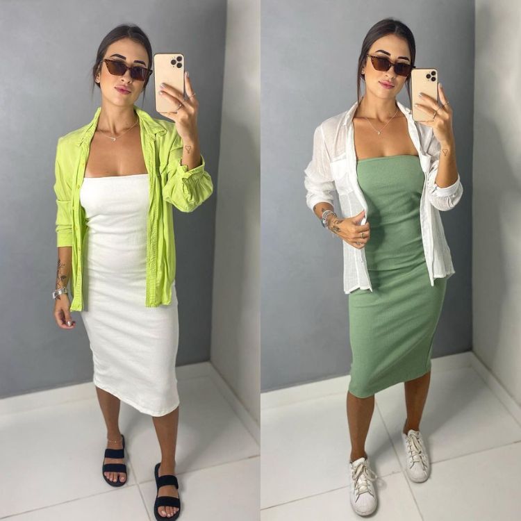 Dois exemplos de vestido midi com camisa: um branco com camisa verde e um verde com camisa branco, ambos usados por uma mulher de pele clara e cabelo escuro
