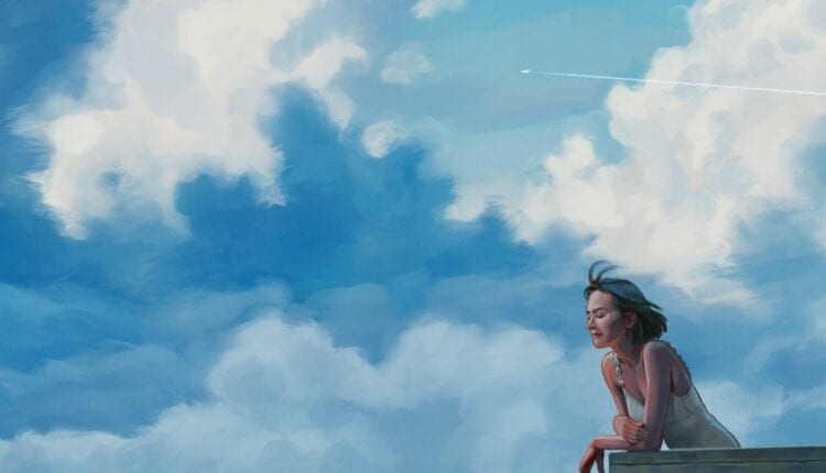 Vogue espanha ilustra uma mulher sozinha com um céu azul de fundo 