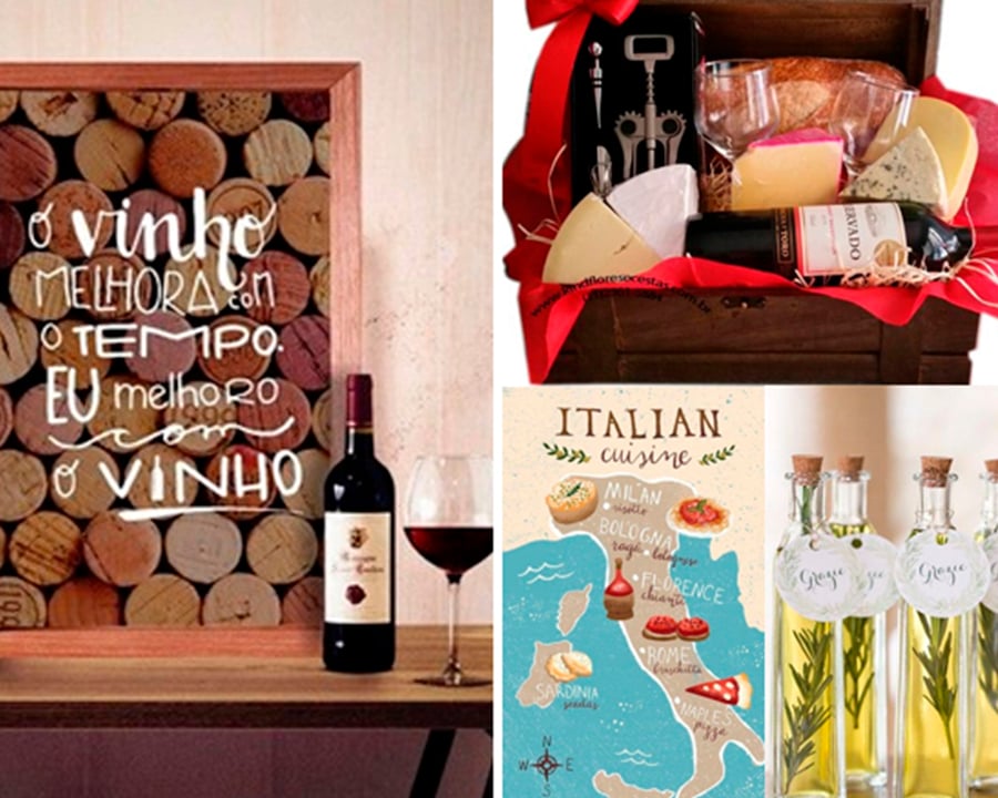 Fotos de vinhos, cesta com queijos e vinhos e o mapa da Itália ao lado de garrafas de azeite de oliva