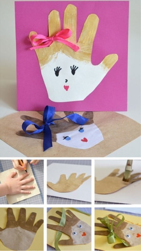 Tutorial de como fazer cartão de dia das mães com formato da mão da criança e enfeites