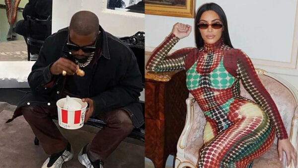 Foto de Kim Kardashian e do marido Kanye West comendo frango