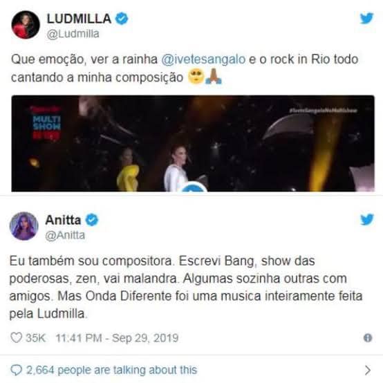 Ludmilla X Anitta - Twitter de Ludmilla agradecendo a Ivete, já que originalmente a música é sua