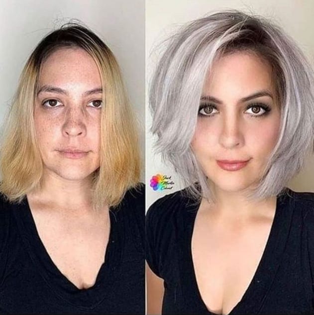 Mulher com antes e depois dos cabelos curtos