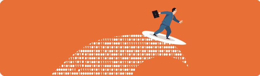 Ilustração de homem de terno surfando em uma onda feita de dados - O que são tendências