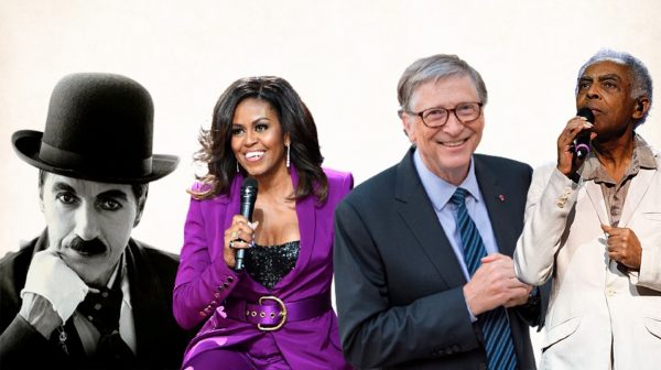 Montagem com foto de Charles Chaplin, Michelle Obama, Bill Gates e Gilberto Gil