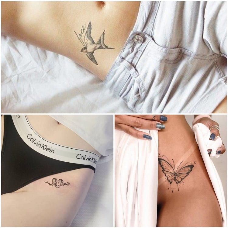montagem com três fotos de tatuagem na cintura com animais