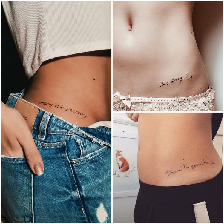 montagem com três fotos de tatuagem para cintura com frases de caligrafias variadas