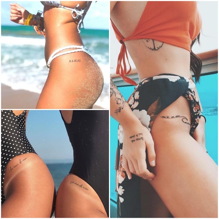 montagem com três fotos de tatuagem de cintura com tema de mar