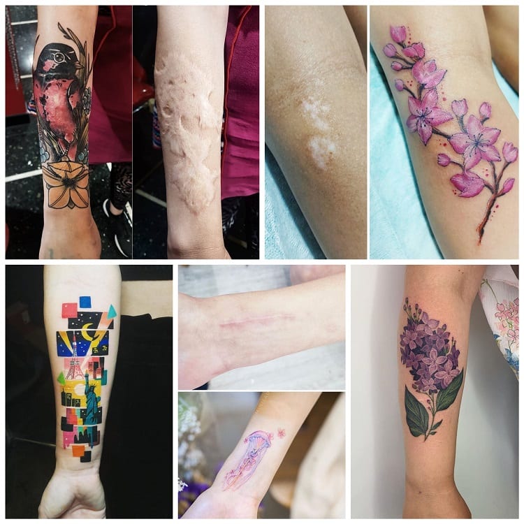 cinco opções de tatuagem colorida para cobrir cicatriz