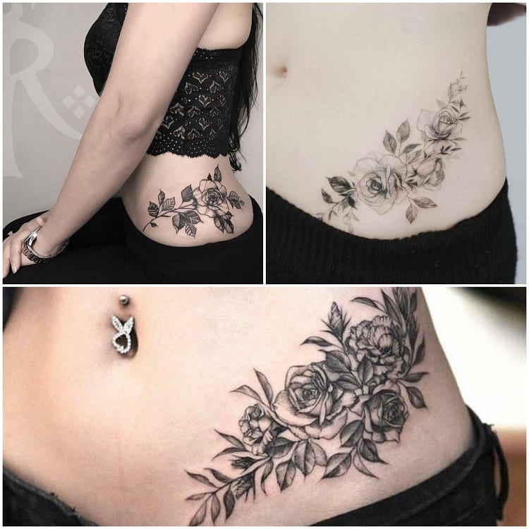 montagem com três fotos de tatuagem de cintura com rosas