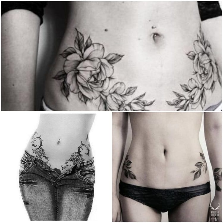 montagem com três fotos de tatuagem na cintura com simetria