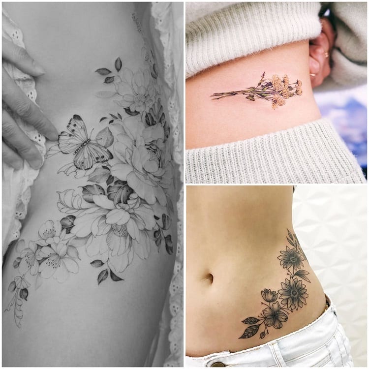 montagem com três fotos de tatuagem de cintura com buquê de flores