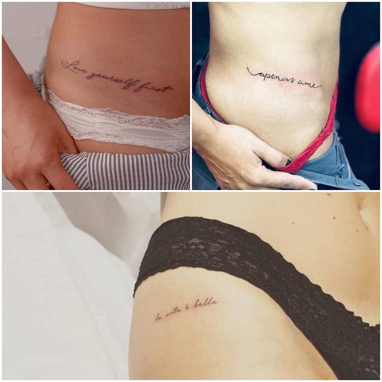 montagem com três fotos de tatuagem para cintura com frases