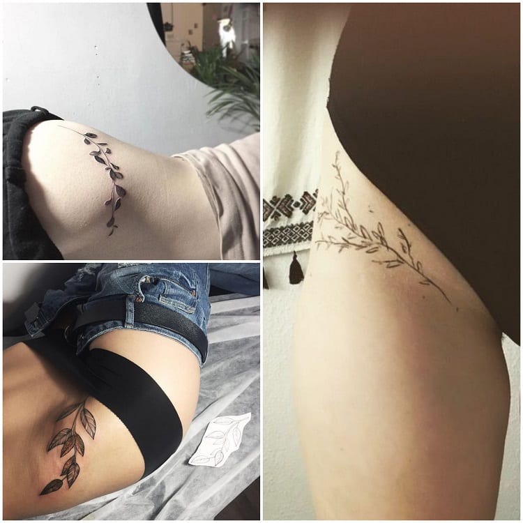 montagem com três fotos de tatuagem de cintura com ramos de folhas