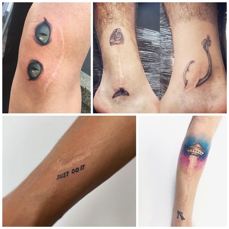 montagem com tatuagens em cicatriz divertidas