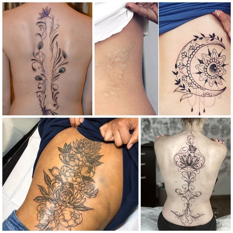 montagem com quatro ideias para tatuagem em cicatriz nas costas