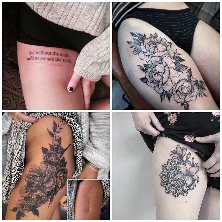 montagem com quatro fotos de tatuagem na perna