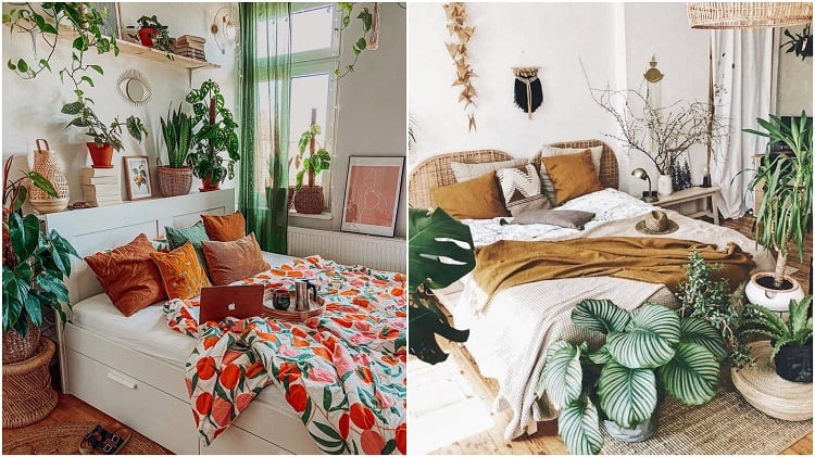 dois quartos com plantas na cabeceira ou nos pés da cama