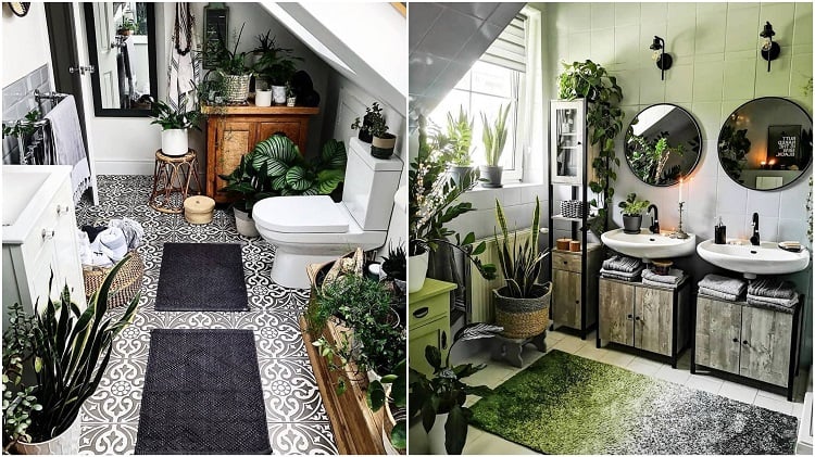dois banheiros decorados com plantas