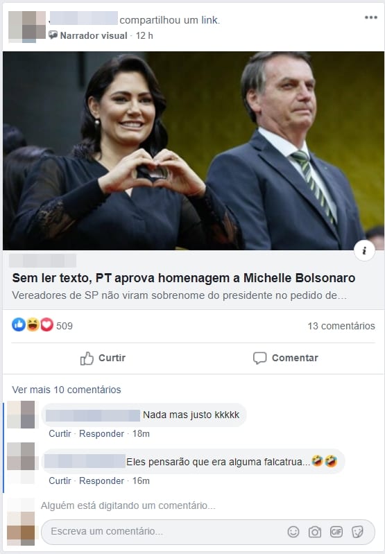 Print de link compartilhado no Facebook, contém foto de michelle e seu esposo bolsonaro Print de link compartilhado em facebook