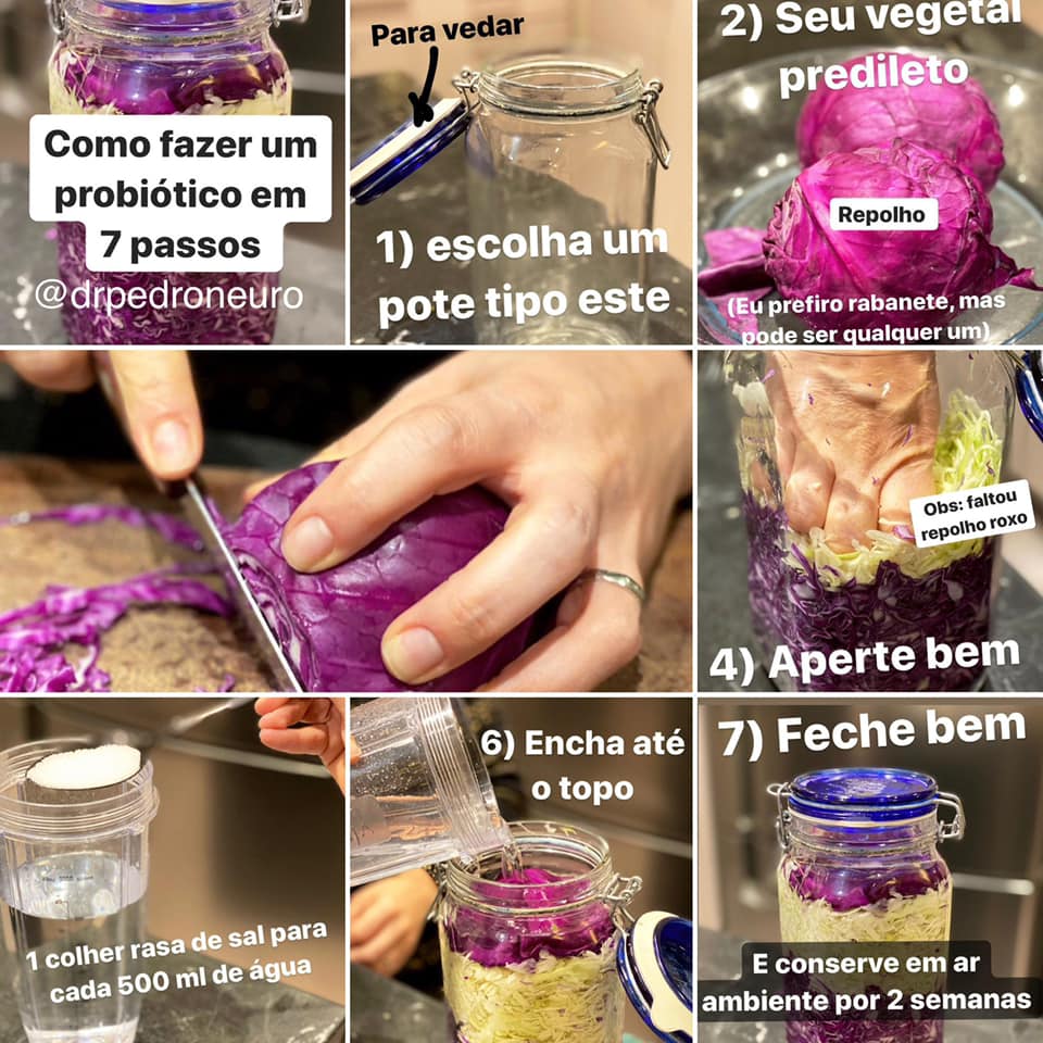Imagem com os 7 passos para fazer probiótico de repolho